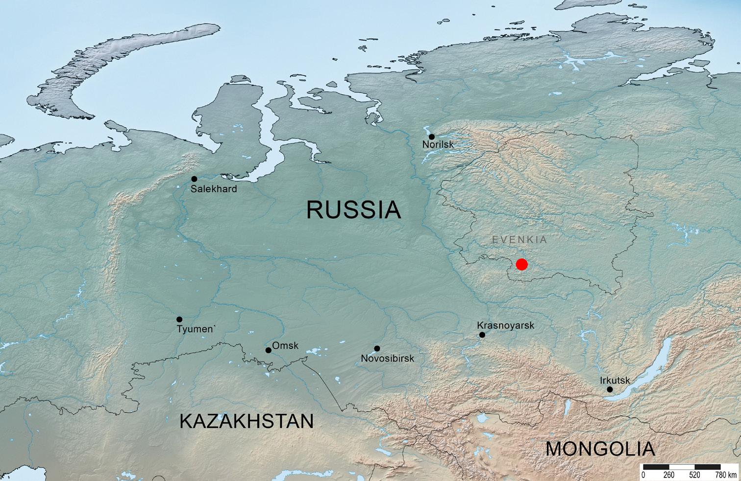 Map showing the location of the collecting site (red circle) in Siberia