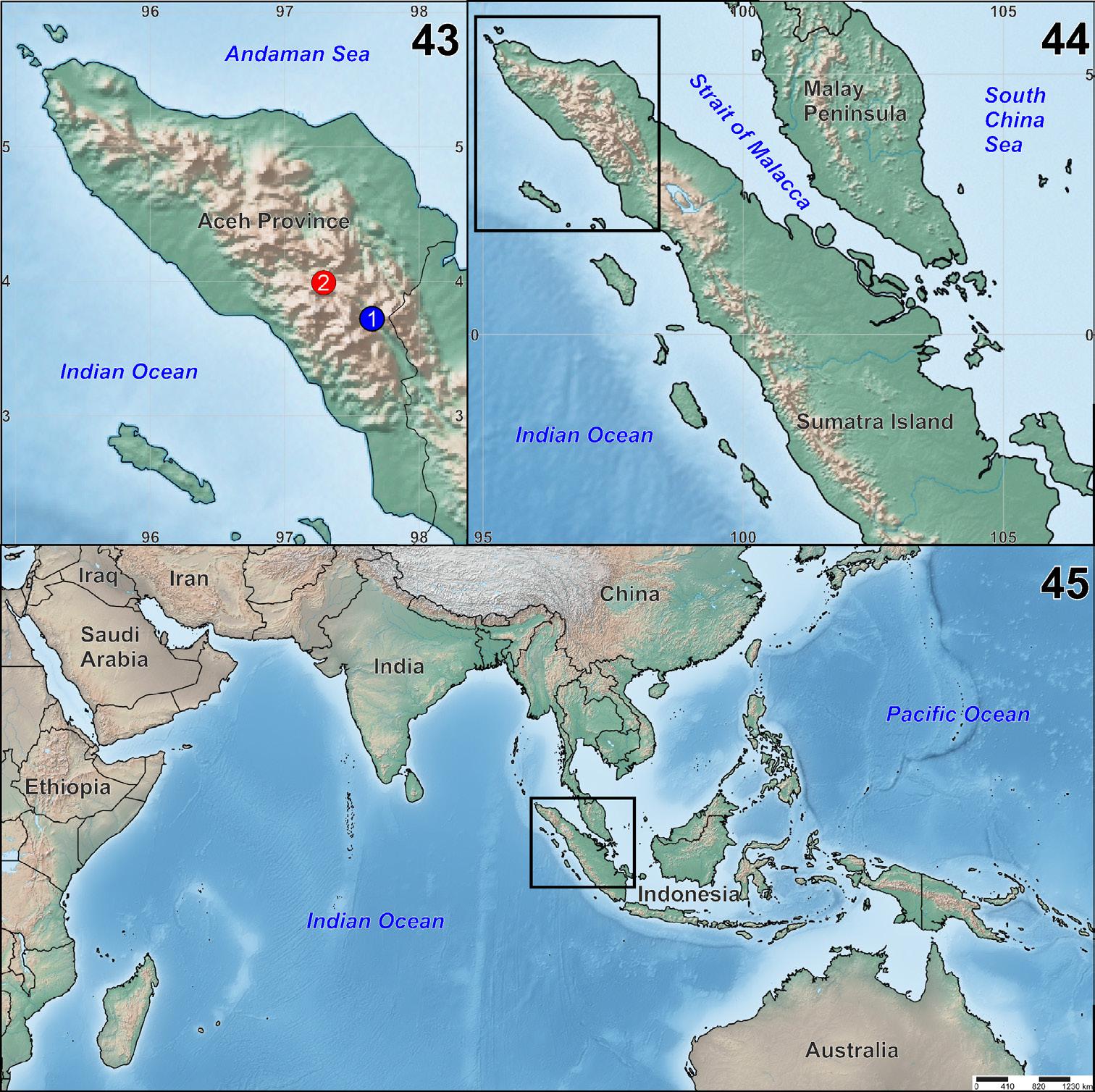 Figures 43–45. Collecting localities of studied Mimetus species.