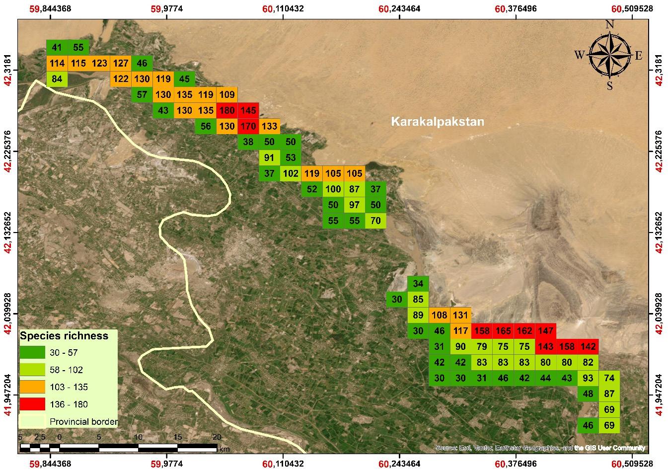 Species richness across the Lower Amu Darya State Biosphere Reserve